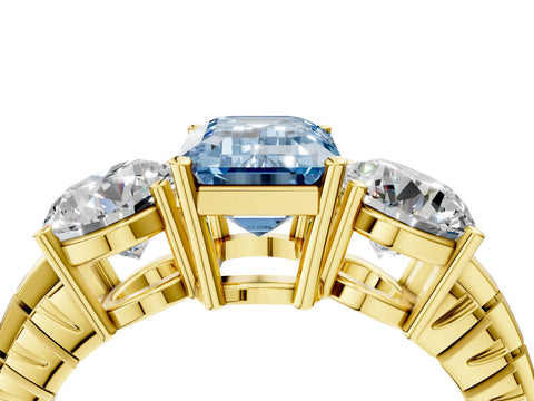 Yellow gold Three-Stone Fancy Blue Emerald Cut Cut Diamond Ring with Channel-Set Band and Prong Setting_4