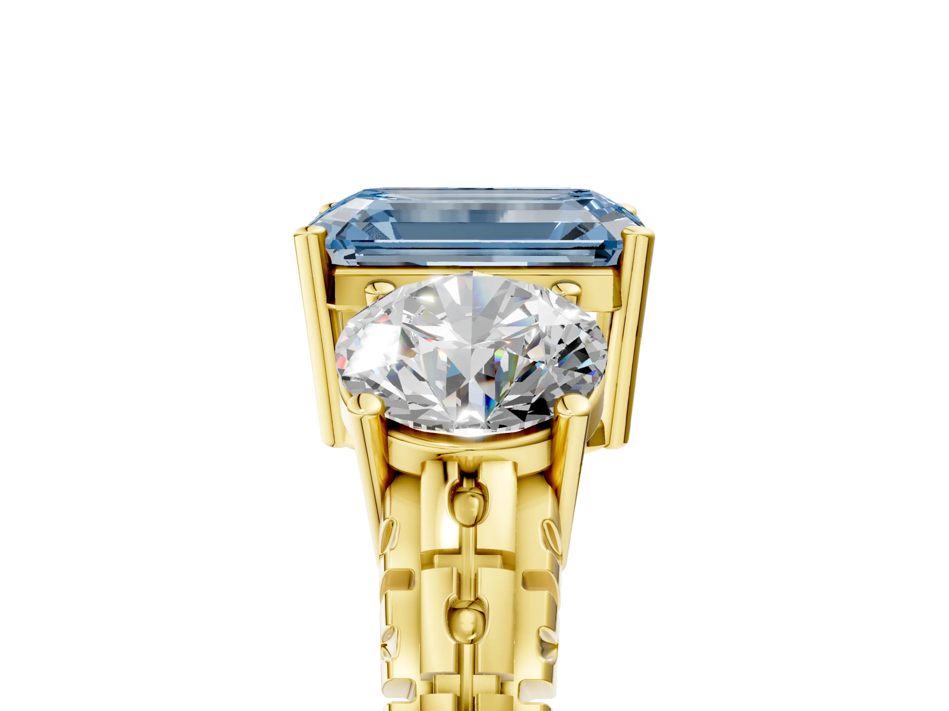 Yellow gold Three-Stone Fancy Blue Emerald Cut Cut Diamond Ring with Channel-Set Band and Prong Setting_5