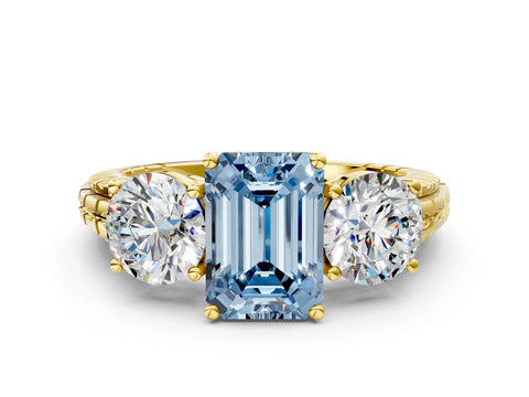 Yellow gold Three-Stone Fancy Blue Emerald Cut Cut Diamond Ring with Channel-Set Band and Prong Setting