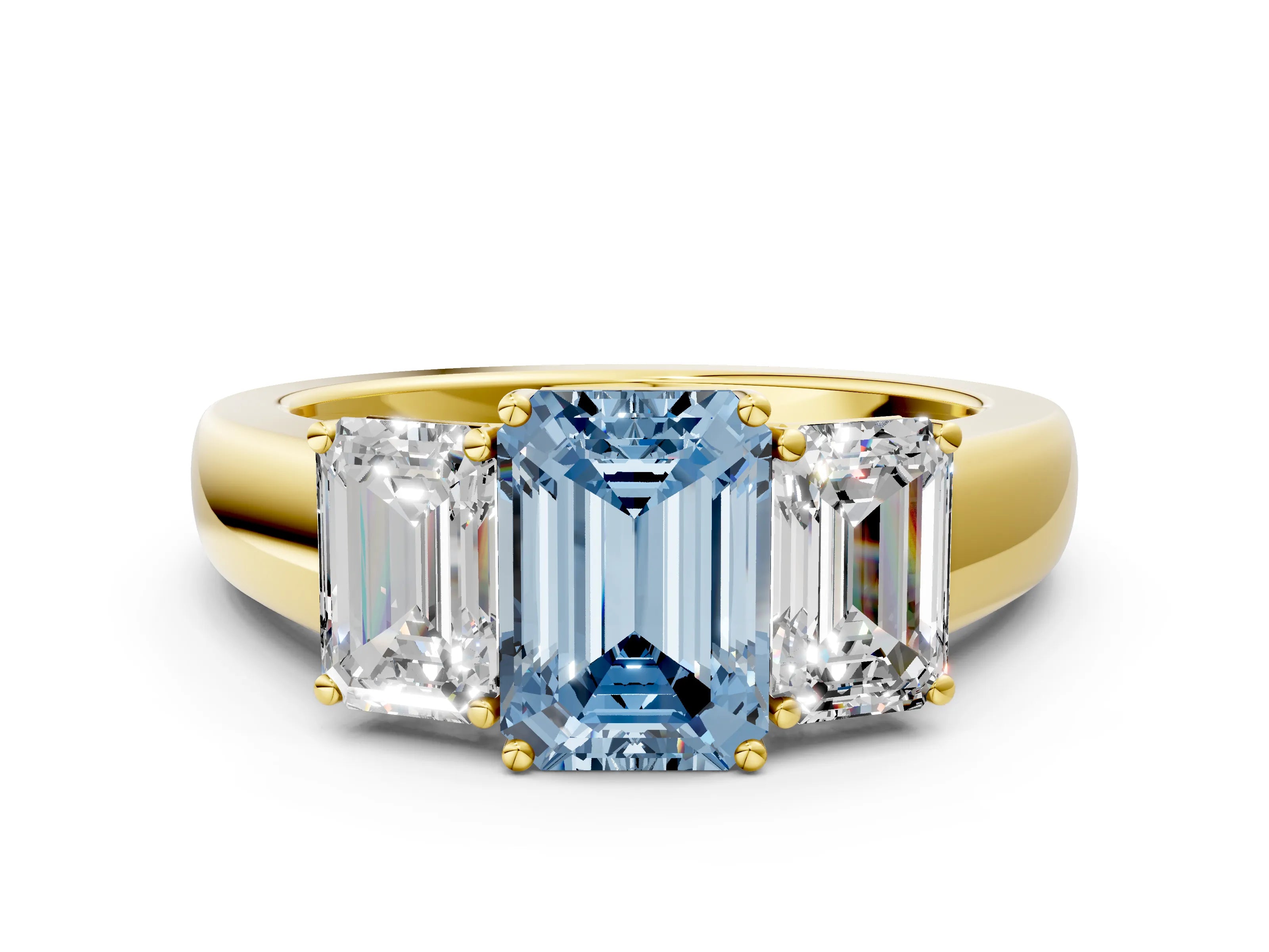 Yellow gold Three-Stone Fancy Blue Emerald Cut Cut Diamond Ring with Prong Setting and Classic Band