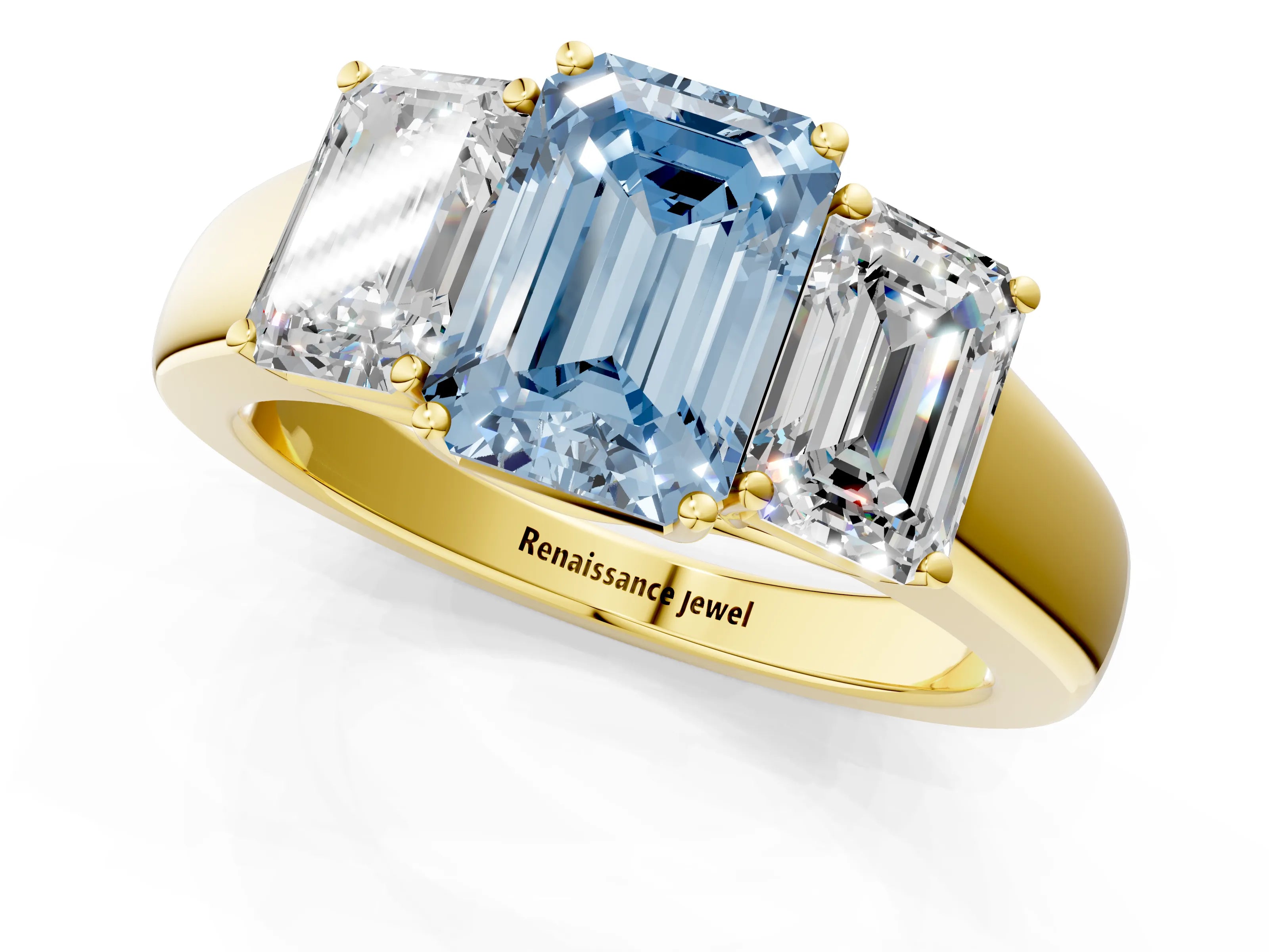 Yellow gold Three-Stone Fancy Blue Emerald Cut Cut Diamond Ring with Prong Setting and Classic Band_1