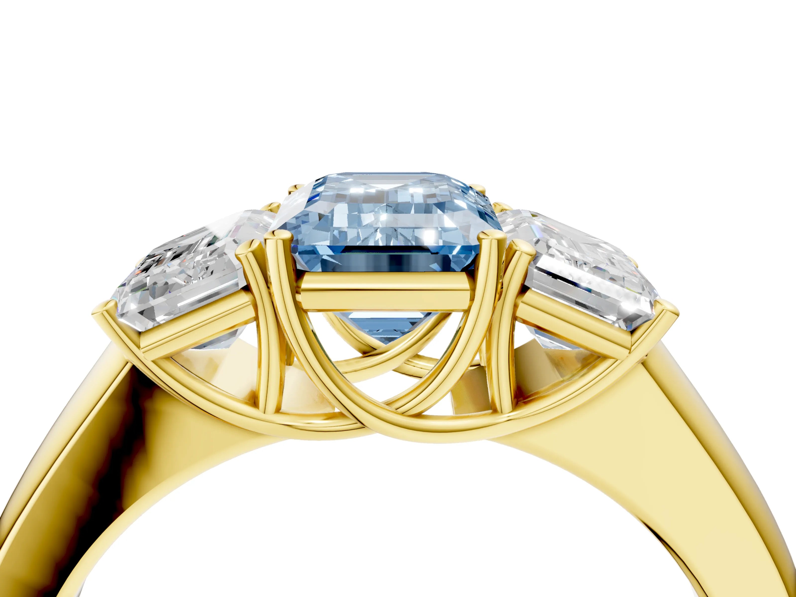 Yellow gold Three-Stone Fancy Blue Emerald Cut Cut Diamond Ring with Prong Setting and Classic Band_4
