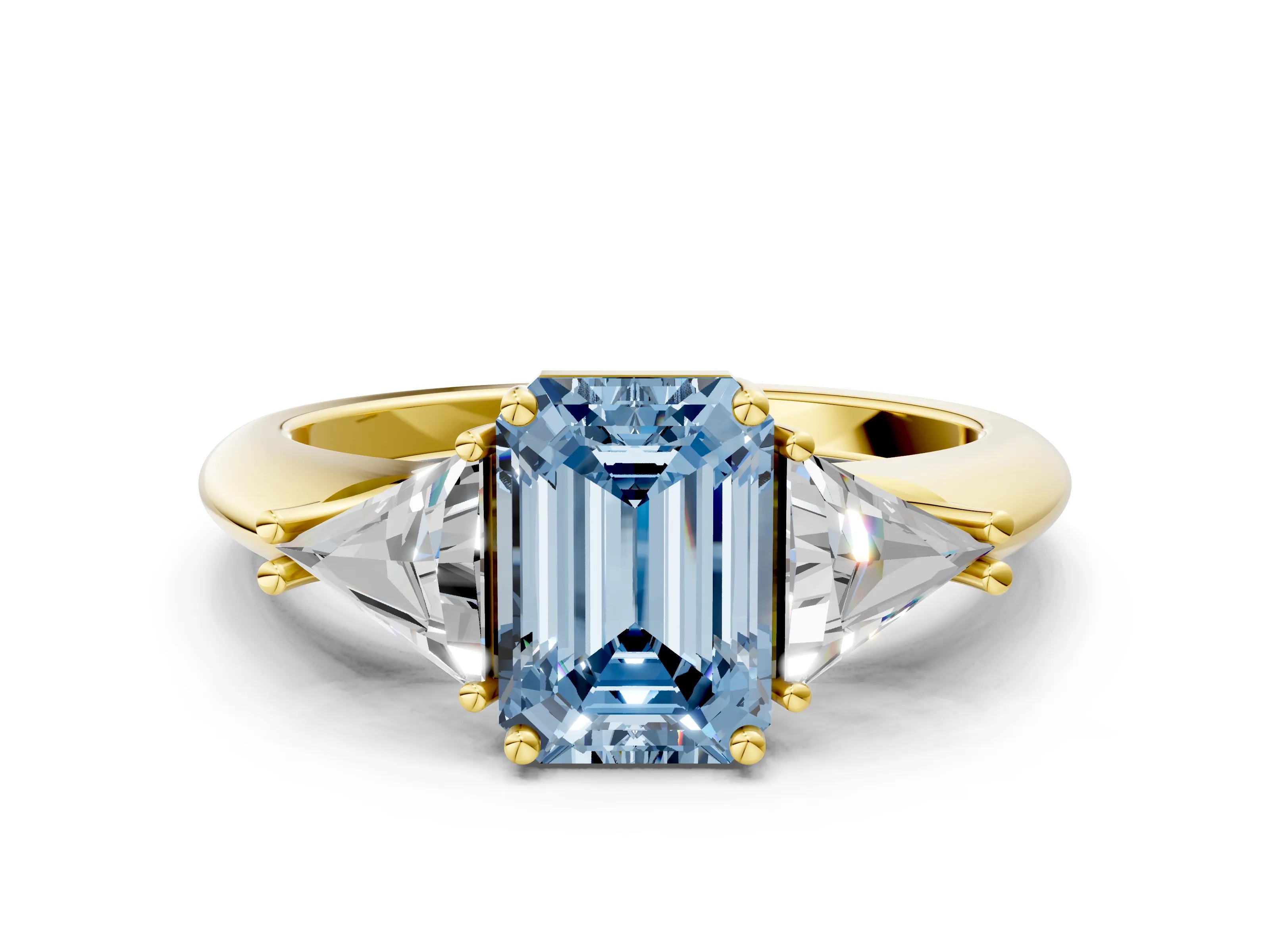 Yellow gold Three-Stone Fancy Blue Emerald Cut Cut Diamond Ring with Trillion Side Stones and Four-Prong Setting_3