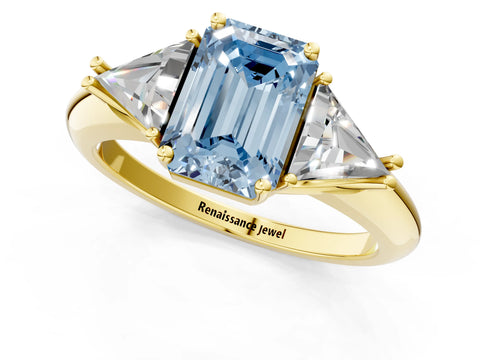Yellow gold Three-Stone Fancy Blue Emerald Cut Cut Diamond Ring with Trillion Side Stones and Four-Prong Setting_4