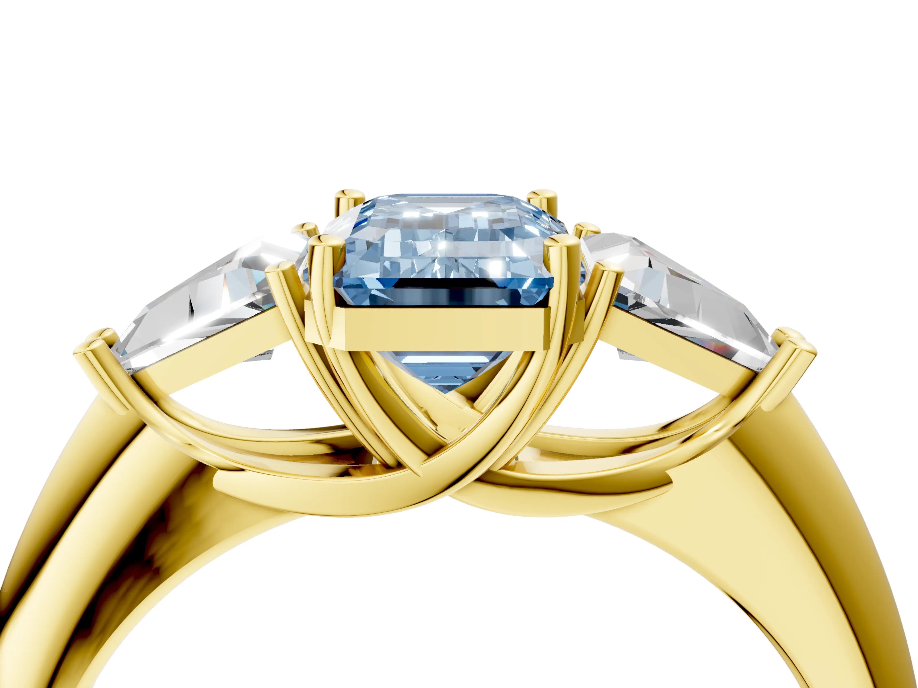 Yellow gold Three-Stone Fancy Blue Emerald Cut Cut Diamond Ring with Trillion Side Stones and Four-Prong Setting_7