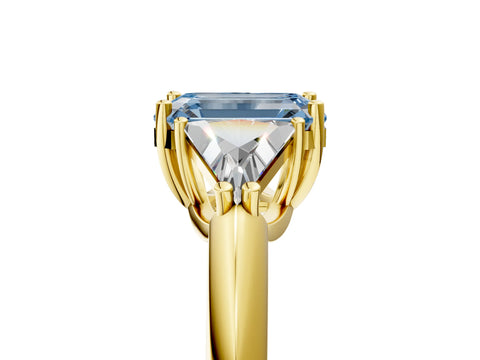 Yellow gold Three-Stone Fancy Blue Emerald Cut Cut Diamond Ring with Trillion Side Stones and Four-Prong Setting_8