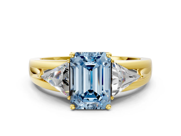 Yellow Gold Emerald Cut Split Shank Three Stone Engagement Ring Setting for Fancy Blue Center