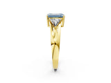 Yellow gold Three-Stone Fancy Blue Emerald Cut Cut Diamond Ring with Trillion Side Stones on a Split Shank Band_2