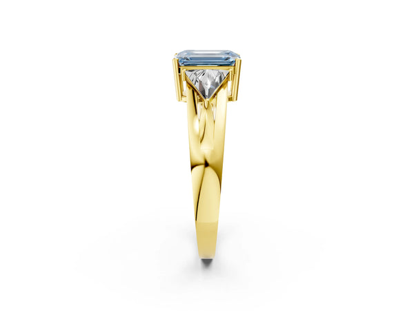 Yellow Gold Emerald Cut Split Shank Three Stone Engagement Ring Setting for Fancy Blue Center