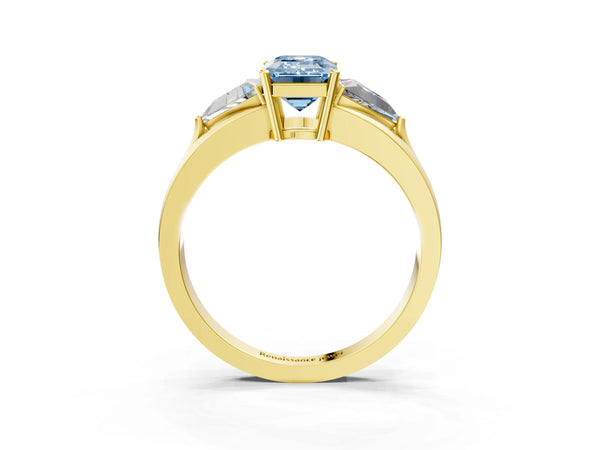 Yellow Gold Emerald Cut Split Shank Three Stone Engagement Ring Setting for Fancy Blue Center