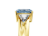Yellow gold Three-Stone Fancy Blue Emerald Cut Cut Diamond Ring with Trillion Side Stones on a Split Shank Band_5