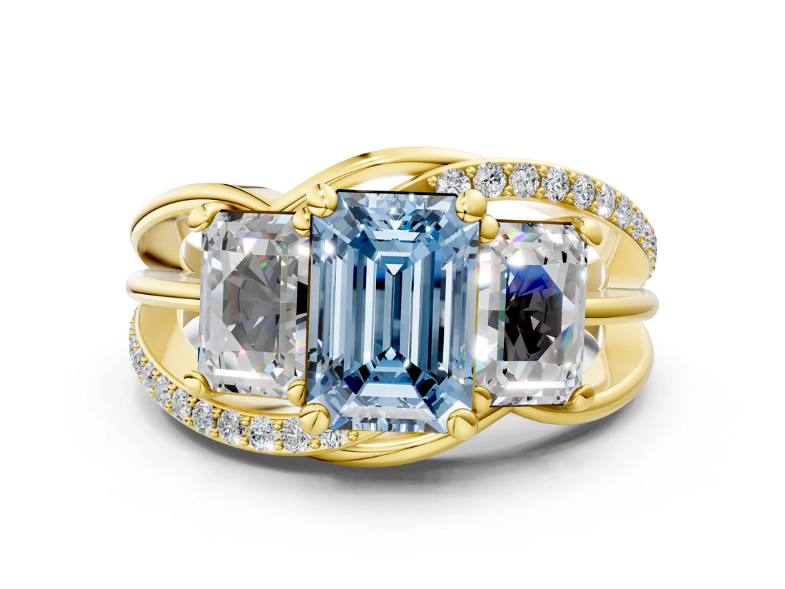 Yellow gold Three-Stone Fancy Blue Emerald Cut Cut Diamond Split Shank Prong Set Ring