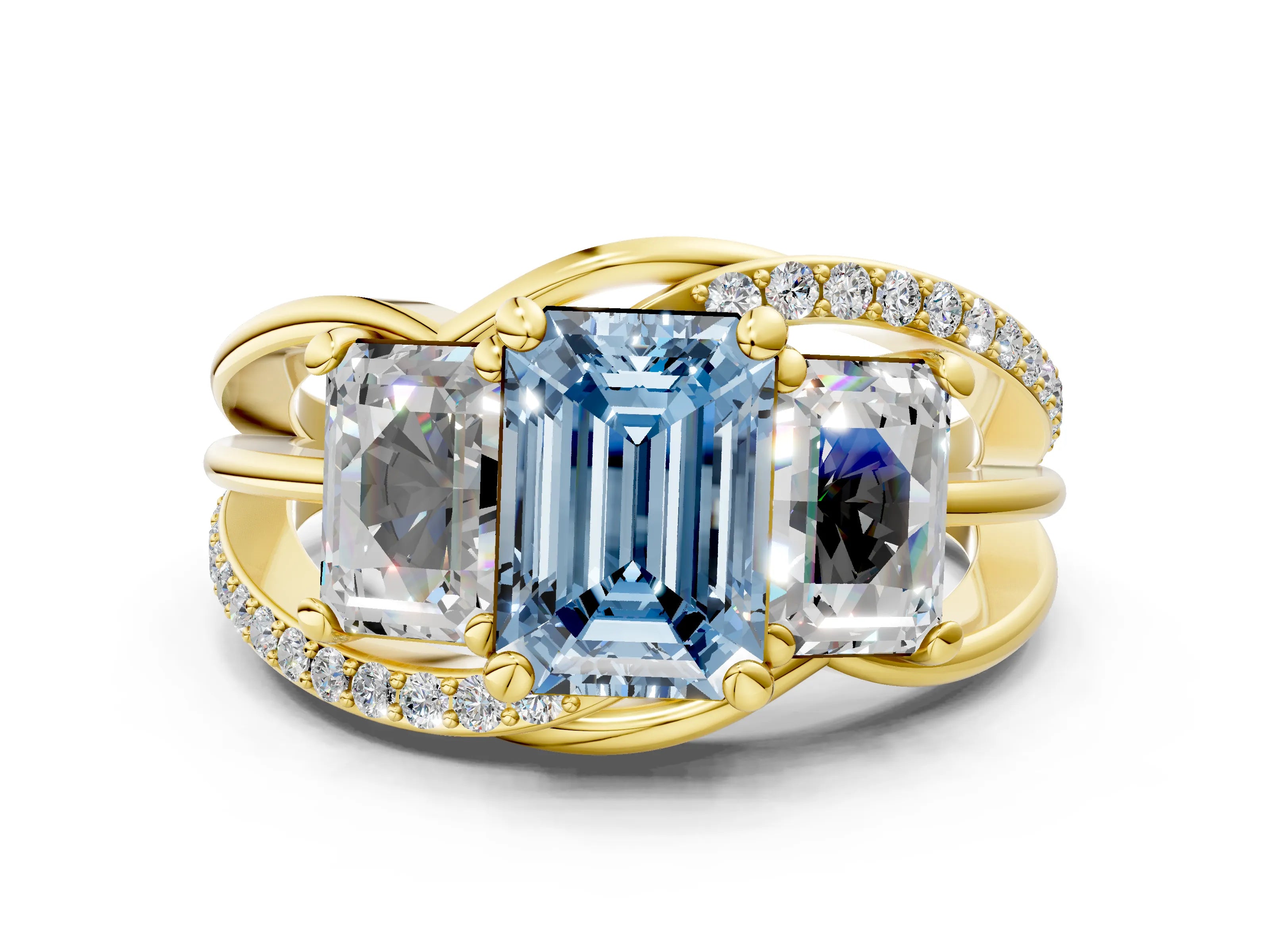 Yellow gold Three-Stone Fancy Blue Emerald Cut Cut Diamond Split Shank Prong Set Ring_12