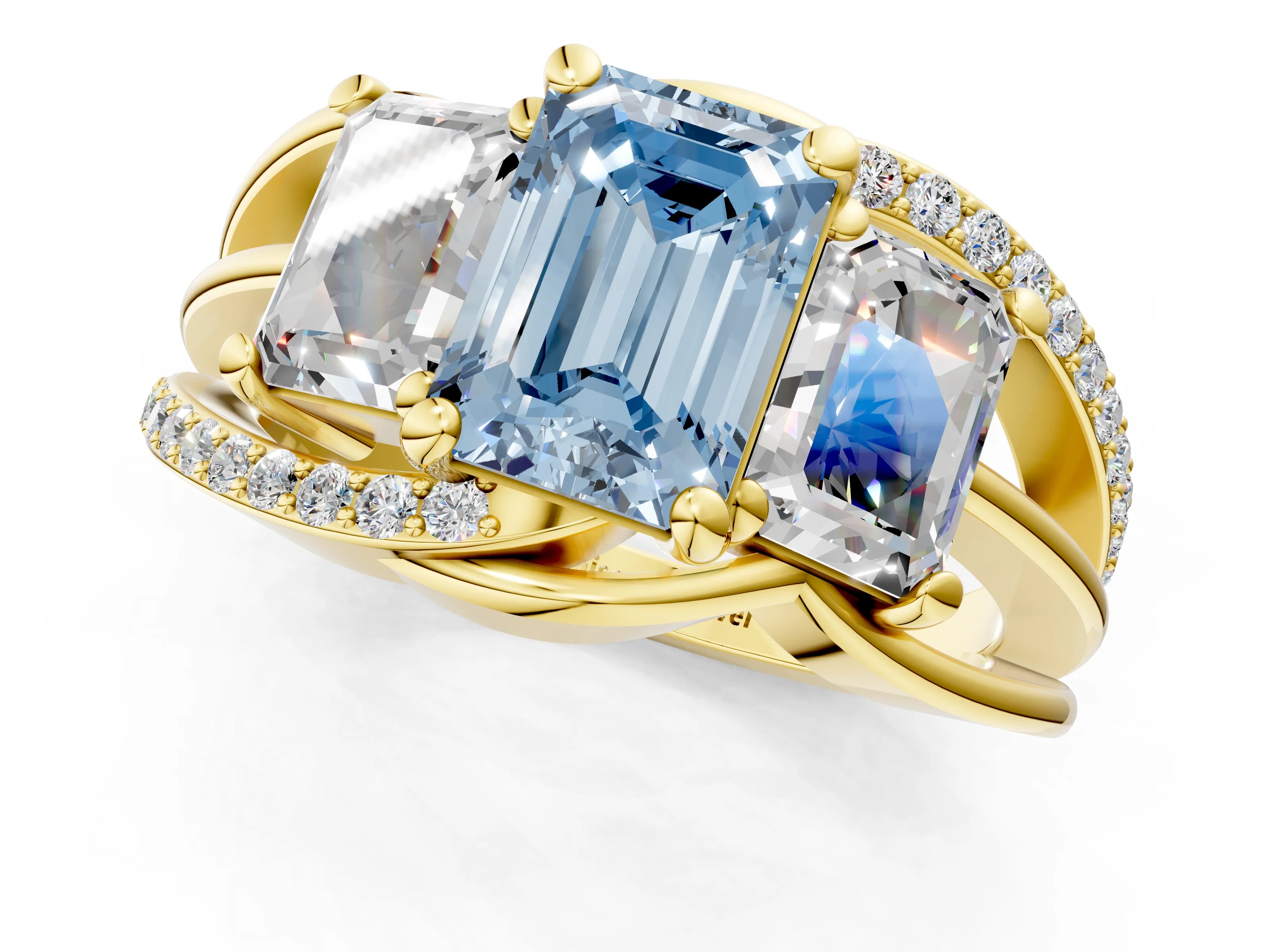 Yellow gold Three-Stone Fancy Blue Emerald Cut Cut Diamond Split Shank Prong Set Ring_13