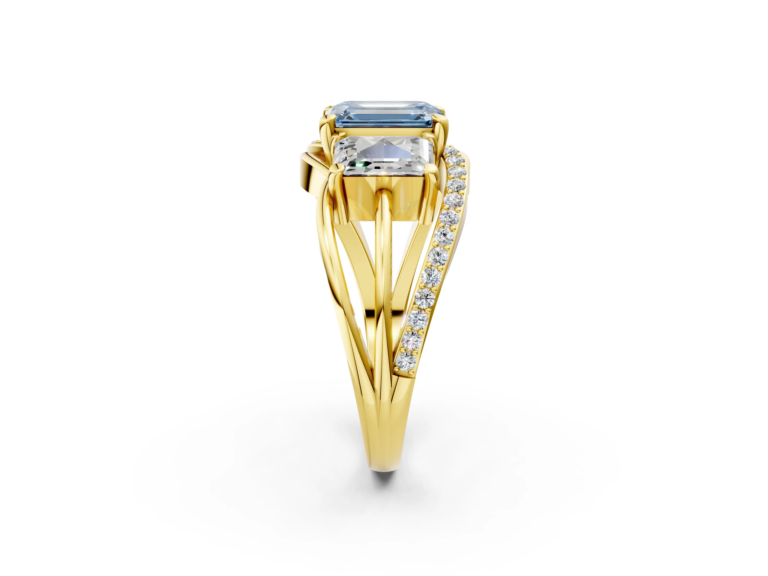 Yellow gold Three-Stone Fancy Blue Emerald Cut Cut Diamond Split Shank Prong Set Ring_14