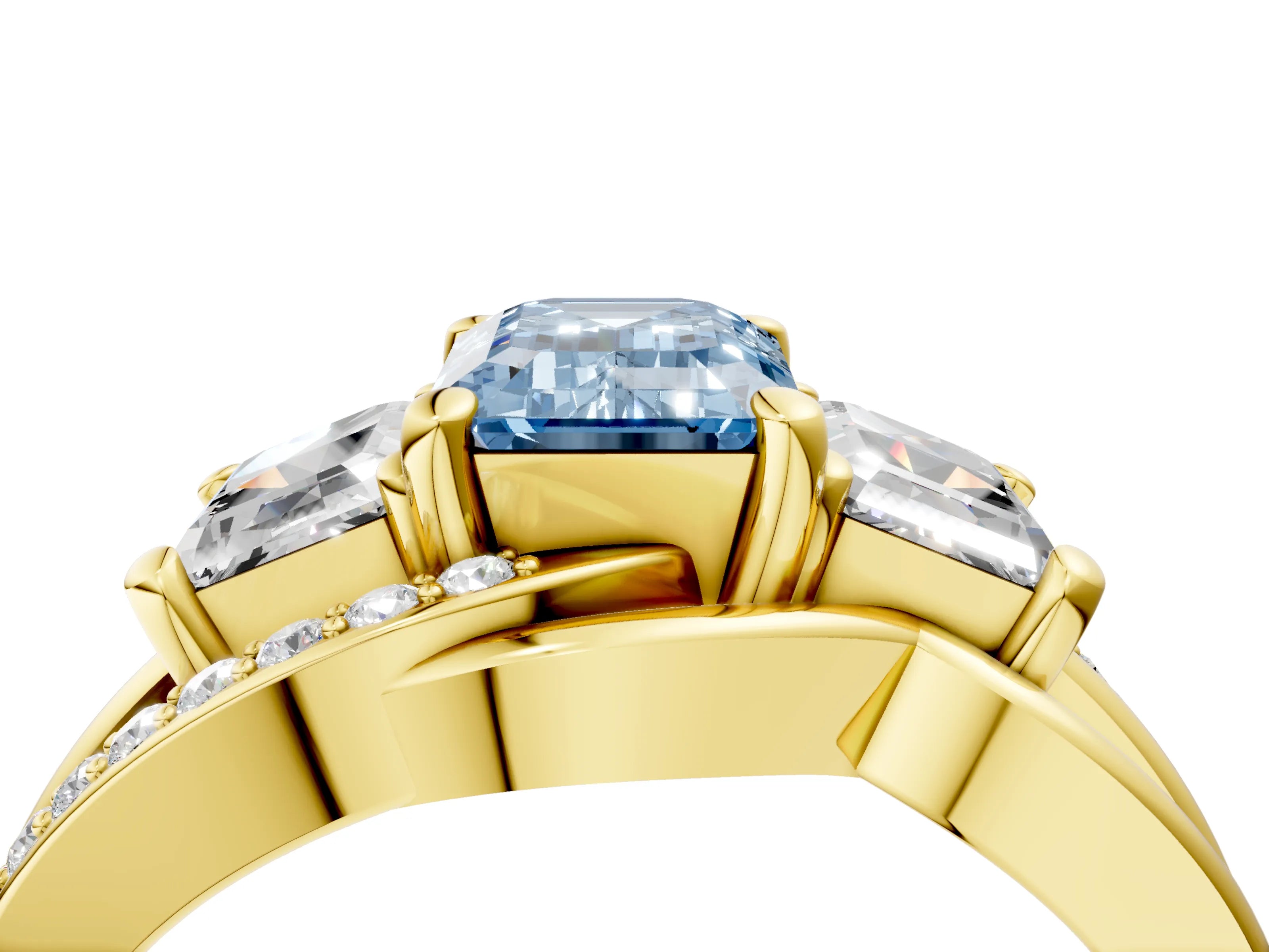 Yellow gold Three-Stone Fancy Blue Emerald Cut Cut Diamond Split Shank Prong Set Ring_16