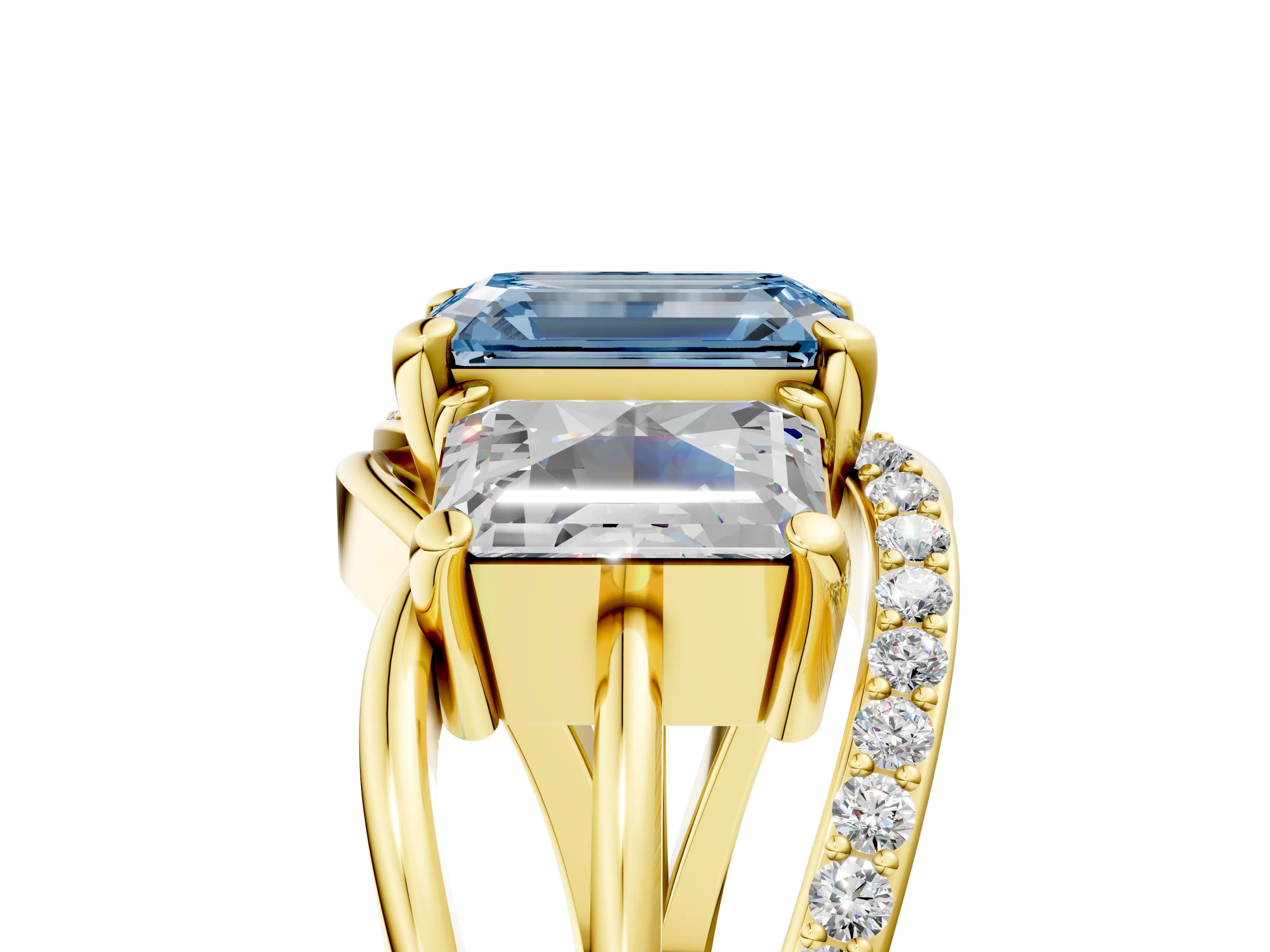 Yellow gold Three-Stone Fancy Blue Emerald Cut Cut Diamond Split Shank Prong Set Ring_17