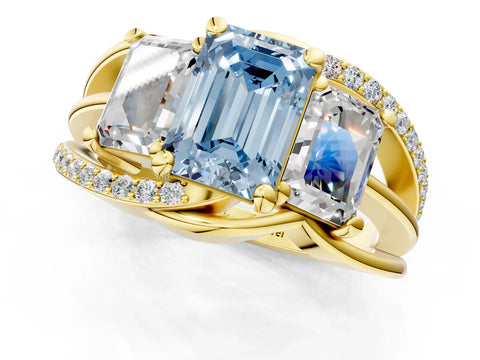 Yellow gold Three-Stone Fancy Blue Emerald Cut Cut Diamond Split Shank Prong Set Ring_1
