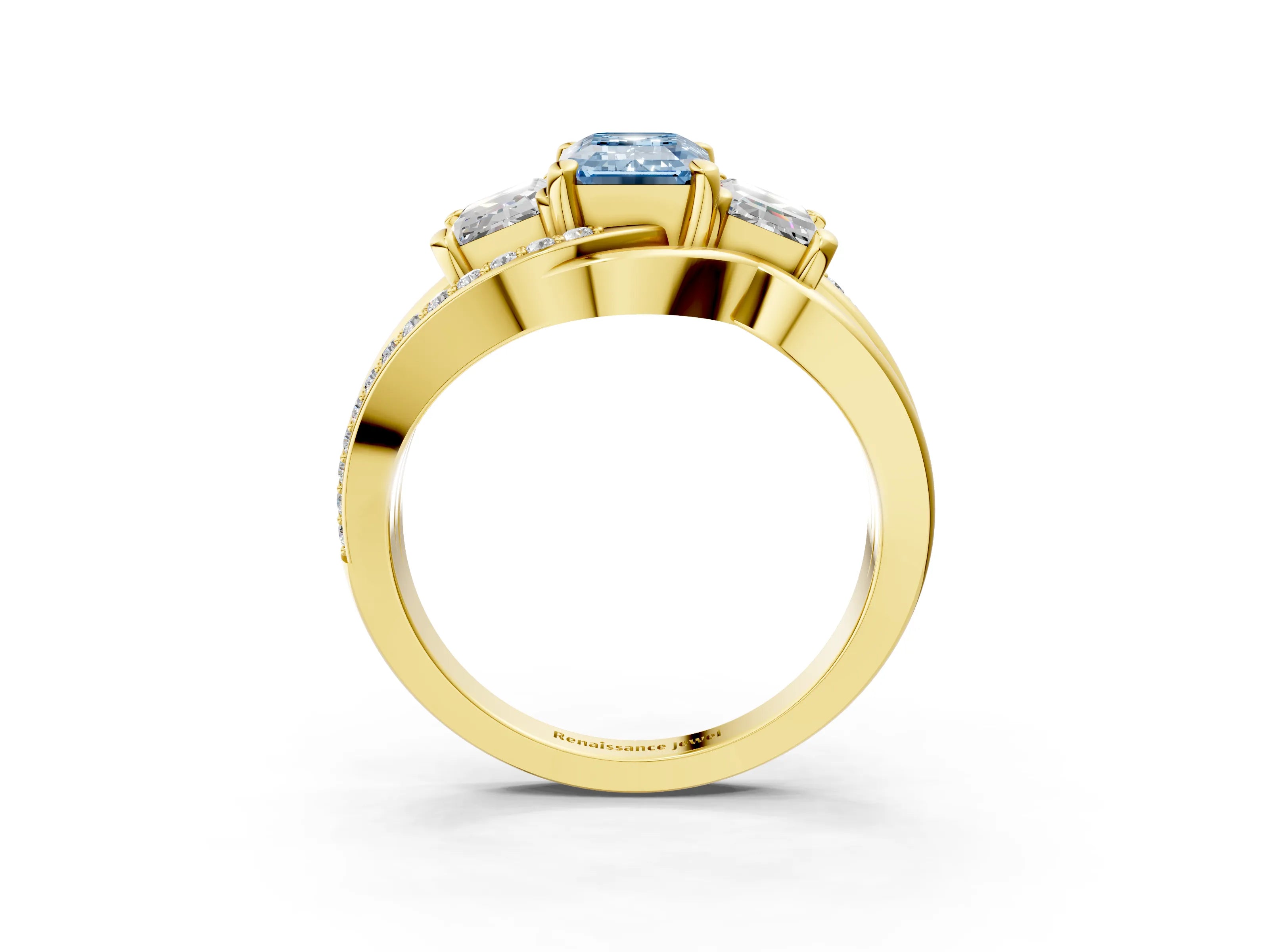 Yellow gold Three-Stone Fancy Blue Emerald Cut Cut Diamond Split Shank Prong Set Ring_3