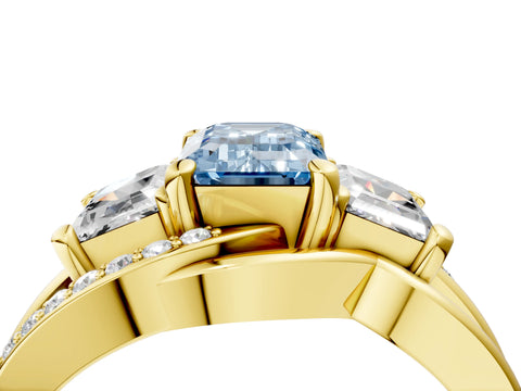 Yellow gold Three-Stone Fancy Blue Emerald Cut Cut Diamond Split Shank Prong Set Ring_4