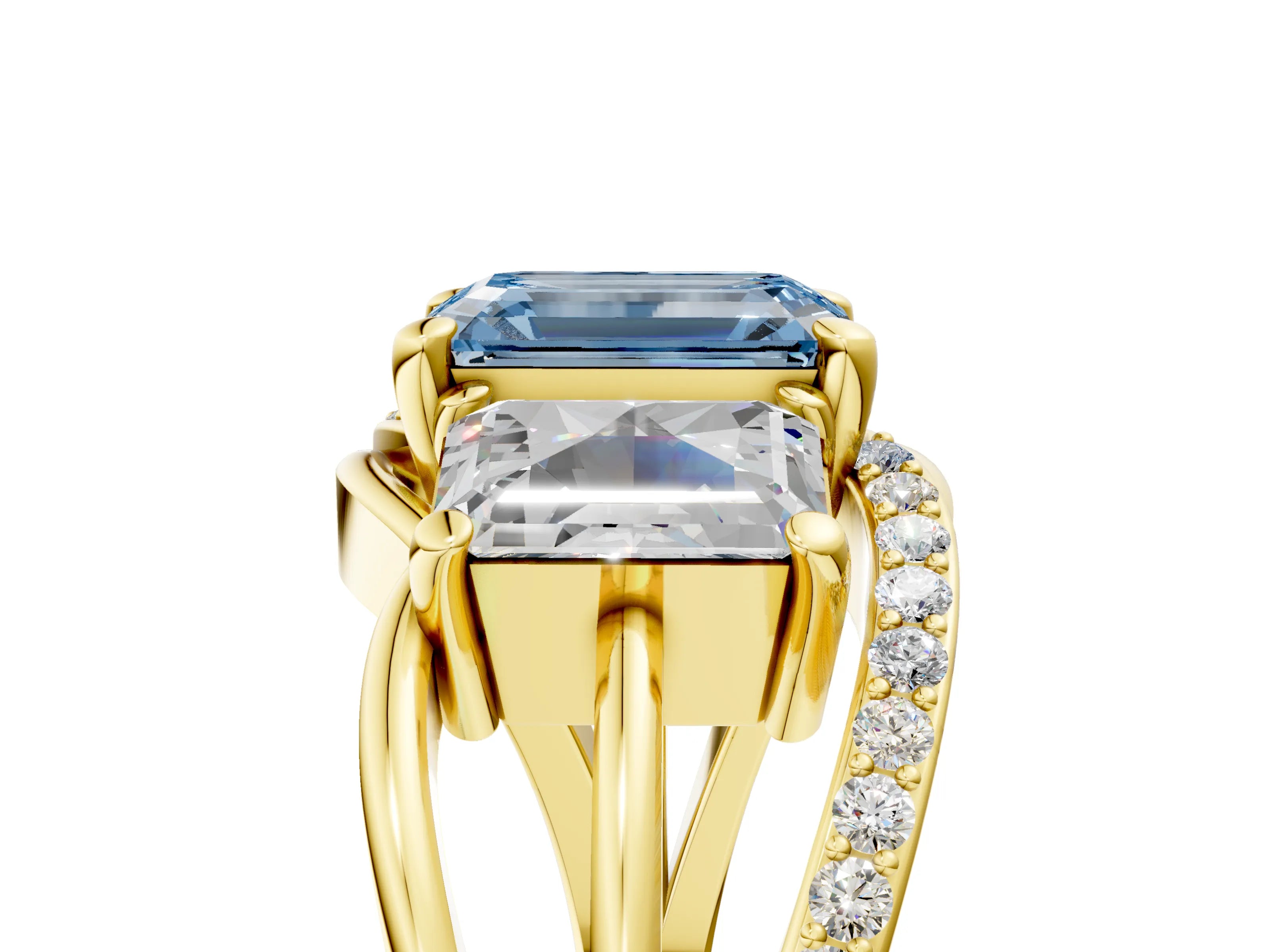 Yellow gold Three-Stone Fancy Blue Emerald Cut Cut Diamond Split Shank Prong Set Ring_5