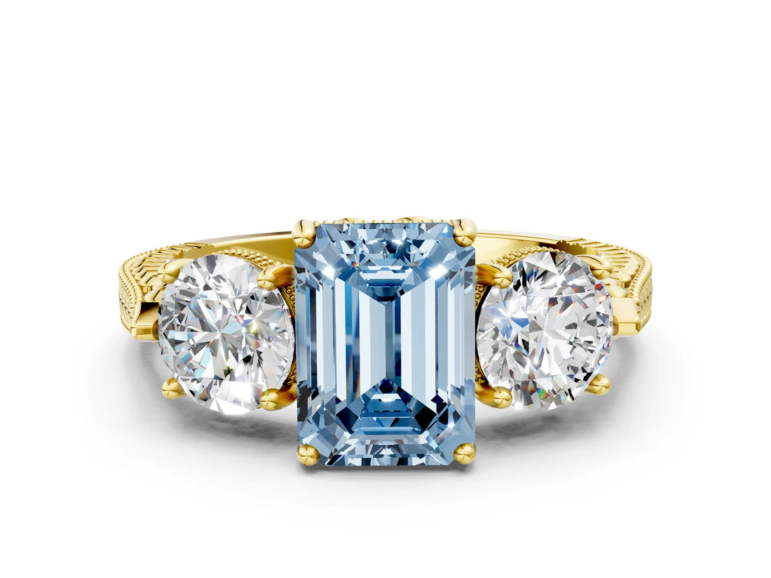 Yellow gold Three-Stone Fancy Blue Emerald Cut Cut Milgrain Band Prong Setting Ring_12