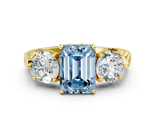 Yellow gold Three-Stone Fancy Blue Emerald Cut Cut Milgrain Band Prong Setting Ring