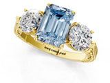 Yellow gold Three-Stone Fancy Blue Emerald Cut Cut Milgrain Band Prong Setting Ring_13