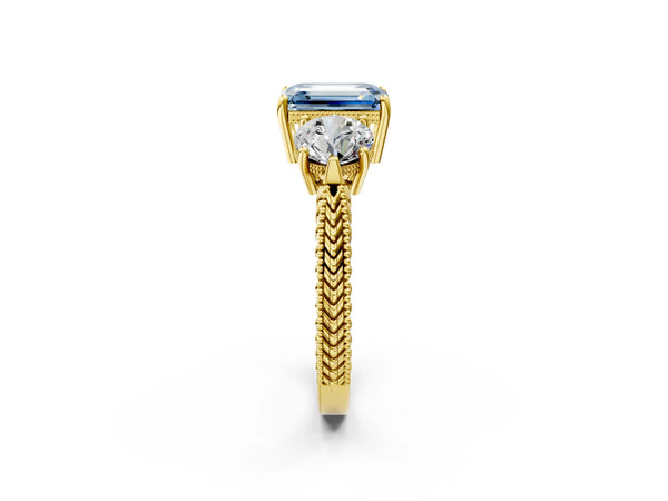 Yellow gold Three-Stone Fancy Blue Emerald Cut Cut Milgrain Band Prong Setting Ring