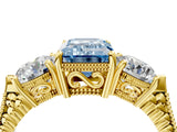 Yellow gold Three-Stone Fancy Blue Emerald Cut Cut Milgrain Band Prong Setting Ring_16