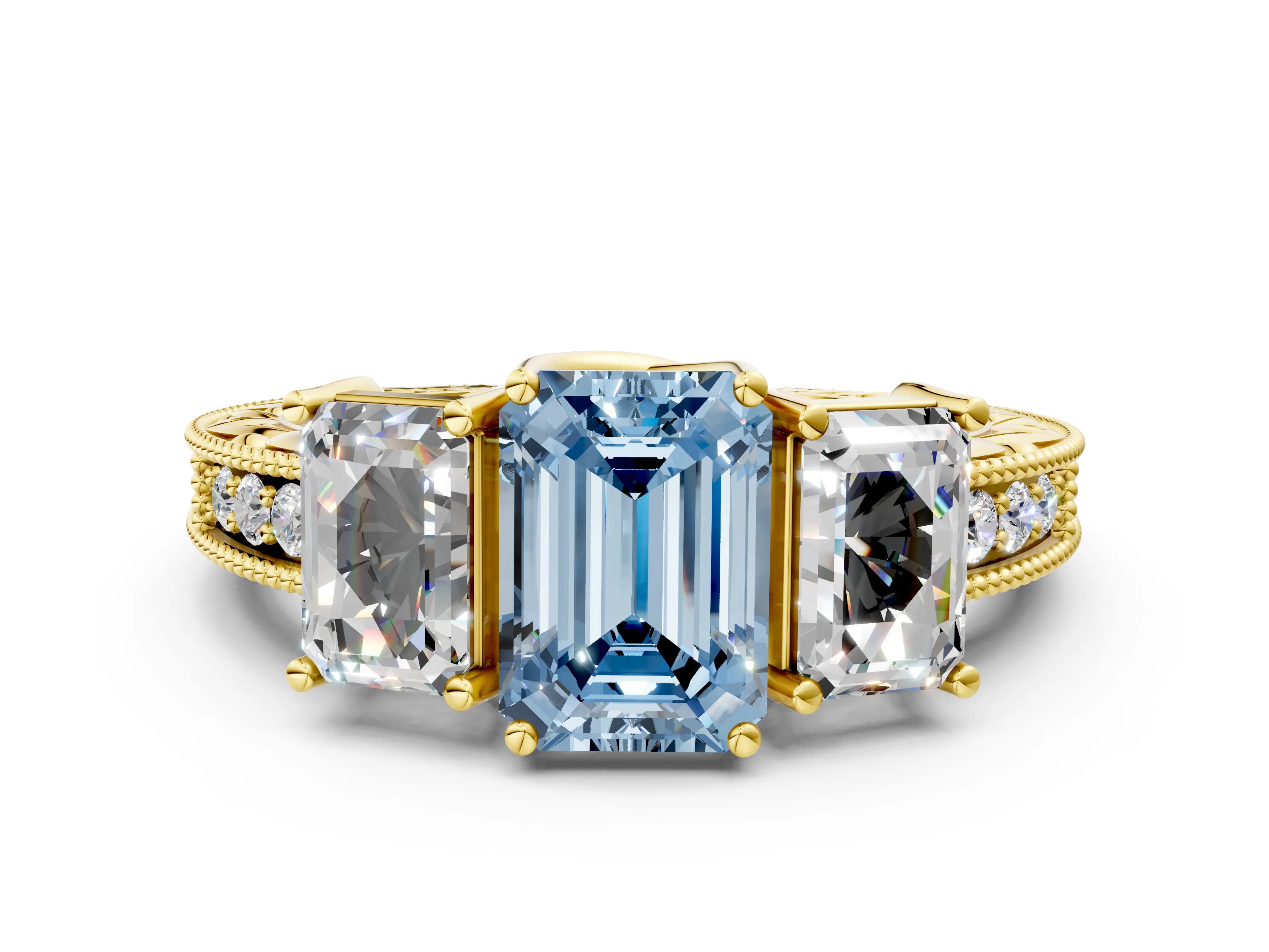 Yellow gold Three-Stone Fancy Blue Emerald Cut Cut Milgrain Pavé Engagement Ring