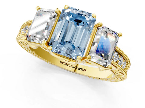 Yellow gold Three-Stone Fancy Blue Emerald Cut Cut Milgrain Pavé Engagement Ring_1
