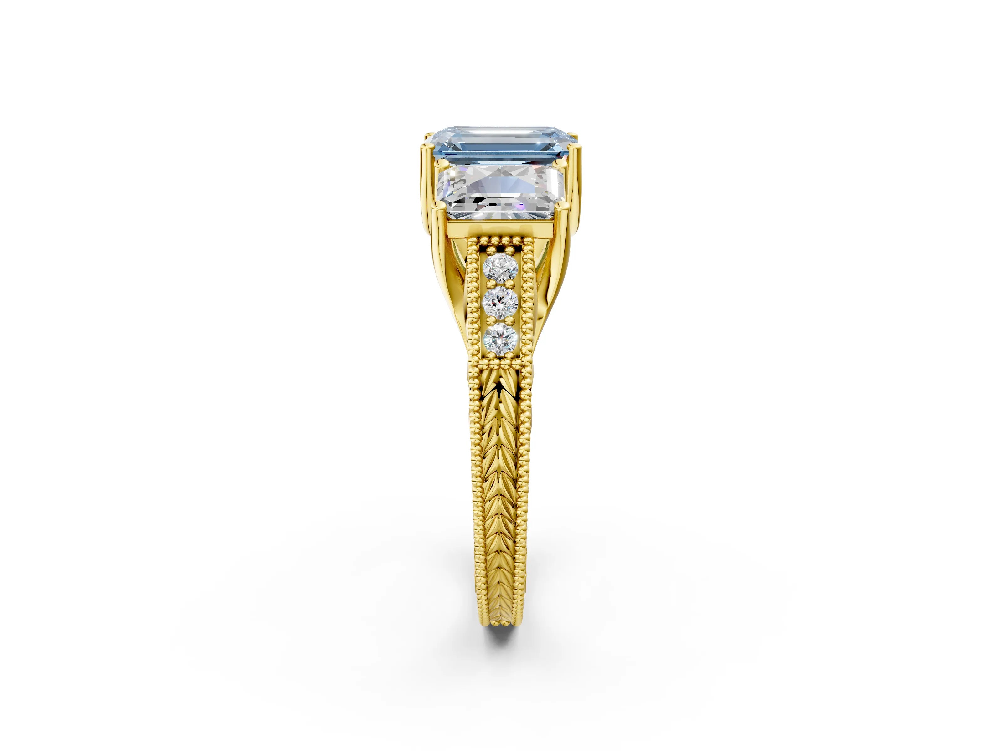 Yellow gold Three-Stone Fancy Blue Emerald Cut Cut Milgrain Pavé Engagement Ring_2