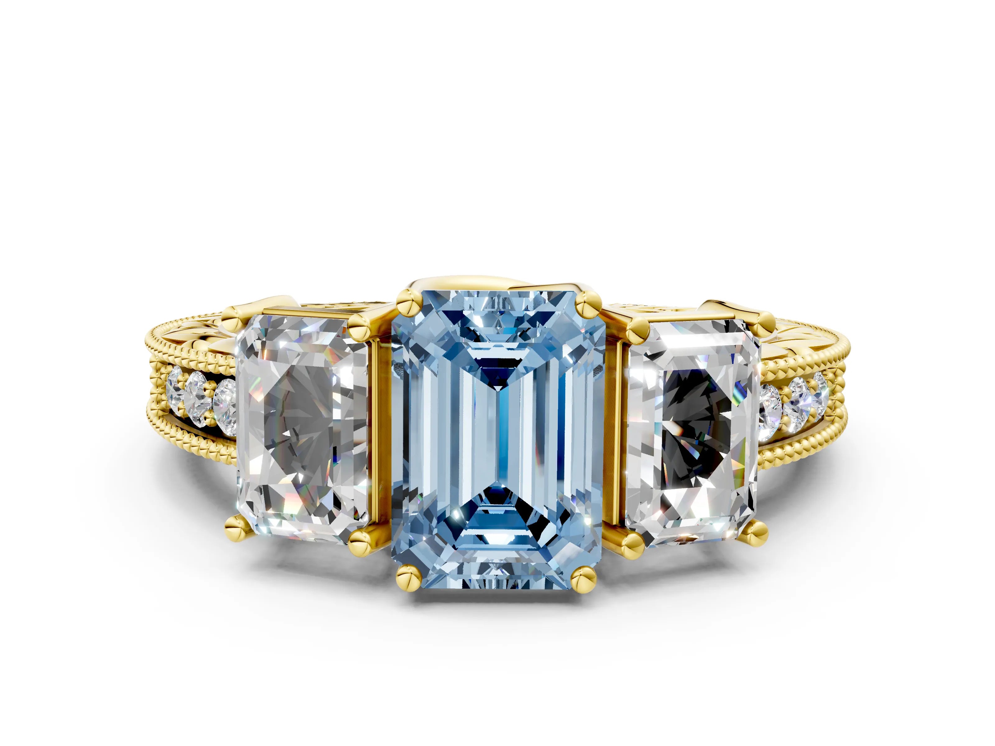 Yellow gold Three-Stone Fancy Blue Emerald Cut Cut Milgrain Pavé Engagement Ring_24