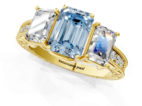 Yellow gold Three-Stone Fancy Blue Emerald Cut Cut Milgrain Pavé Engagement Ring_25