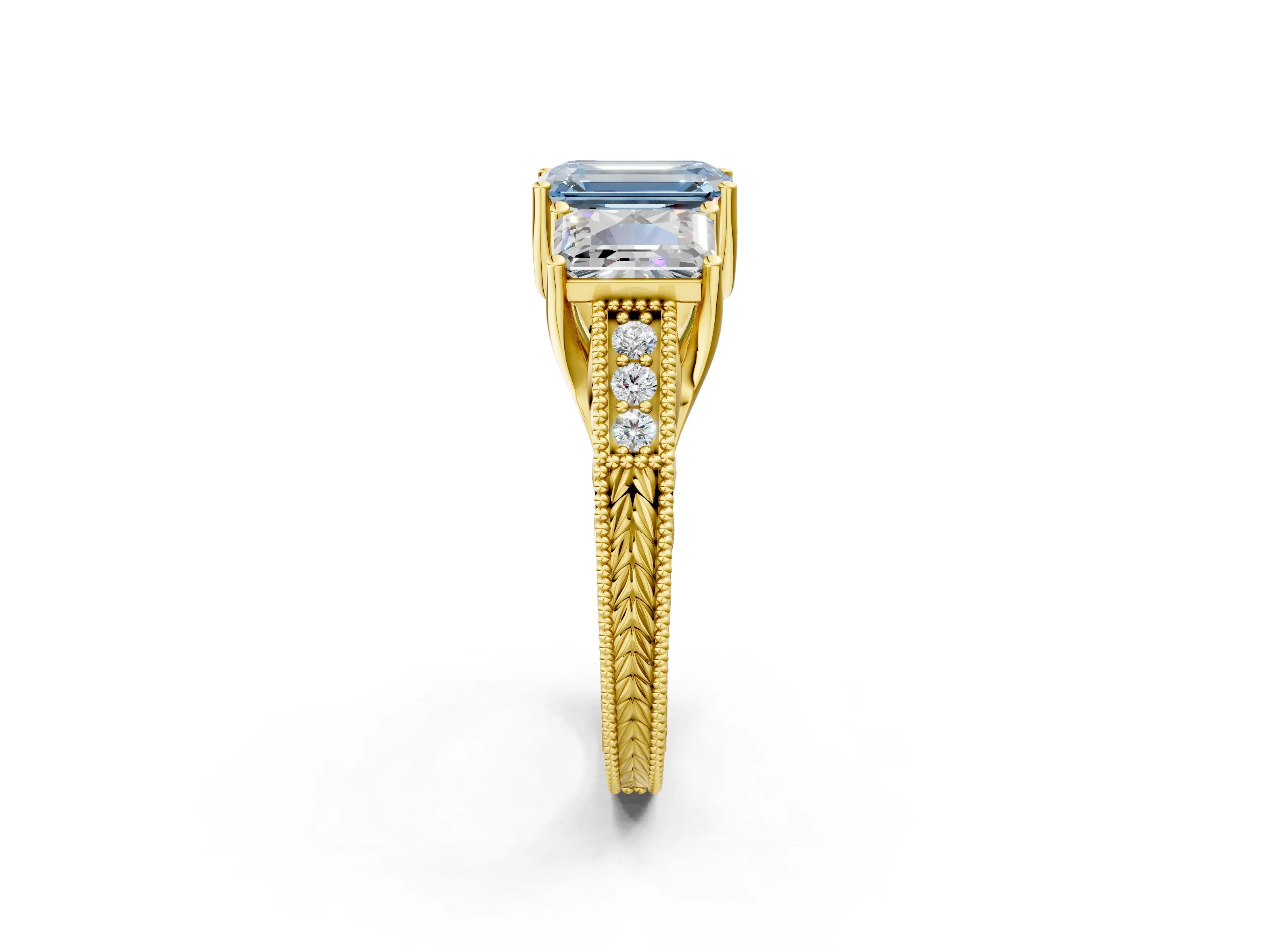 Yellow gold Three-Stone Fancy Blue Emerald Cut Cut Milgrain Pavé Engagement Ring_26