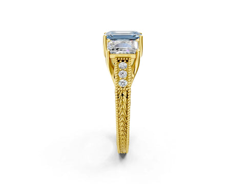 Yellow gold Three-Stone Fancy Blue Emerald Cut Cut Milgrain Pavé Engagement Ring_26