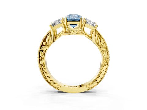 Yellow gold Three-Stone Fancy Blue Emerald Cut Cut Milgrain Pavé Engagement Ring_27