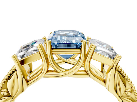 Yellow gold Three-Stone Fancy Blue Emerald Cut Cut Milgrain Pavé Engagement Ring_28