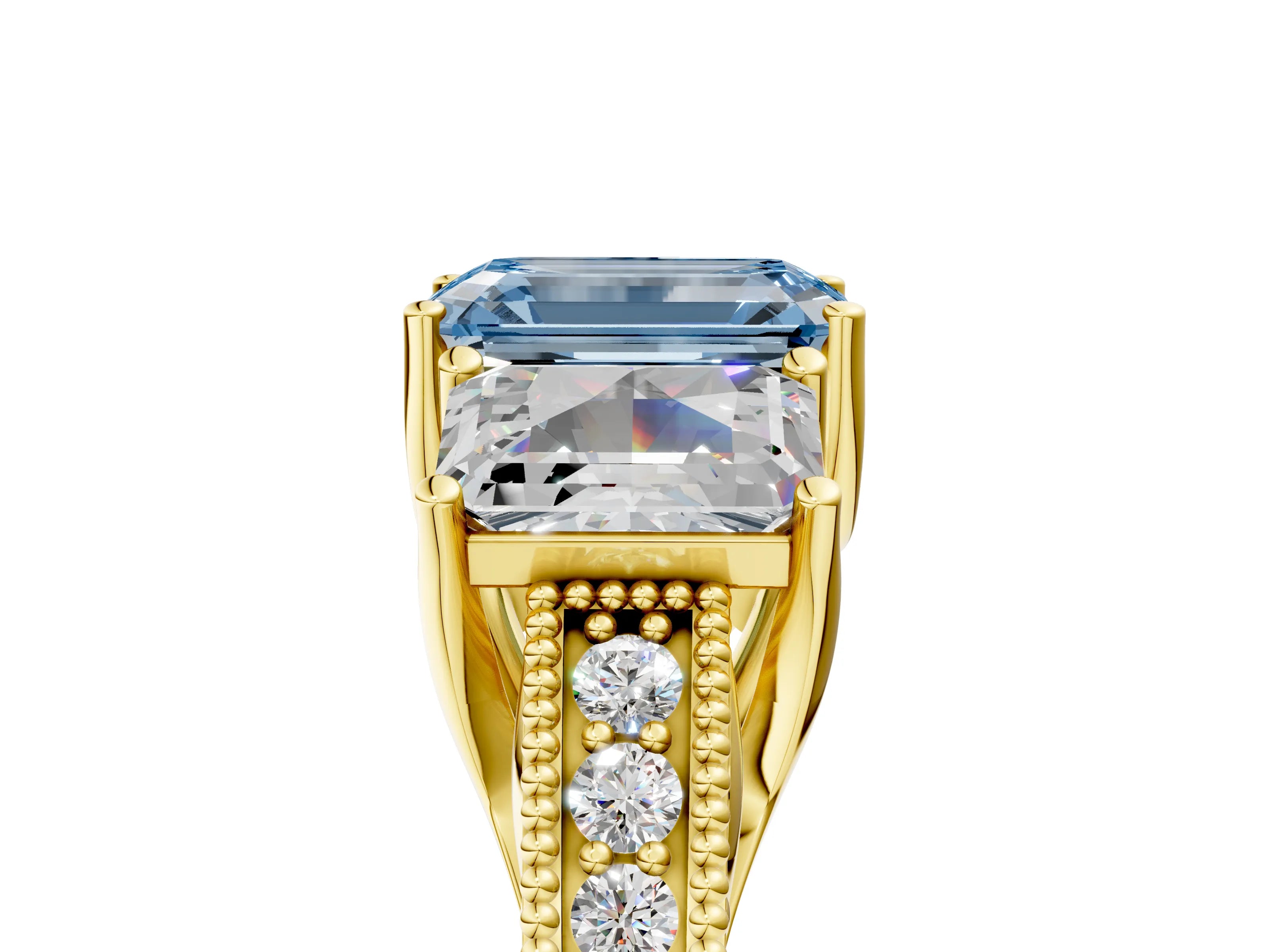 Yellow gold Three-Stone Fancy Blue Emerald Cut Cut Milgrain Pavé Engagement Ring_29