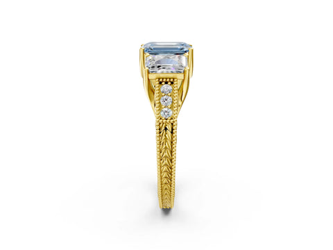 Yellow gold Three-Stone Fancy Blue Emerald Cut Cut Milgrain Pavé Engagement Ring_2