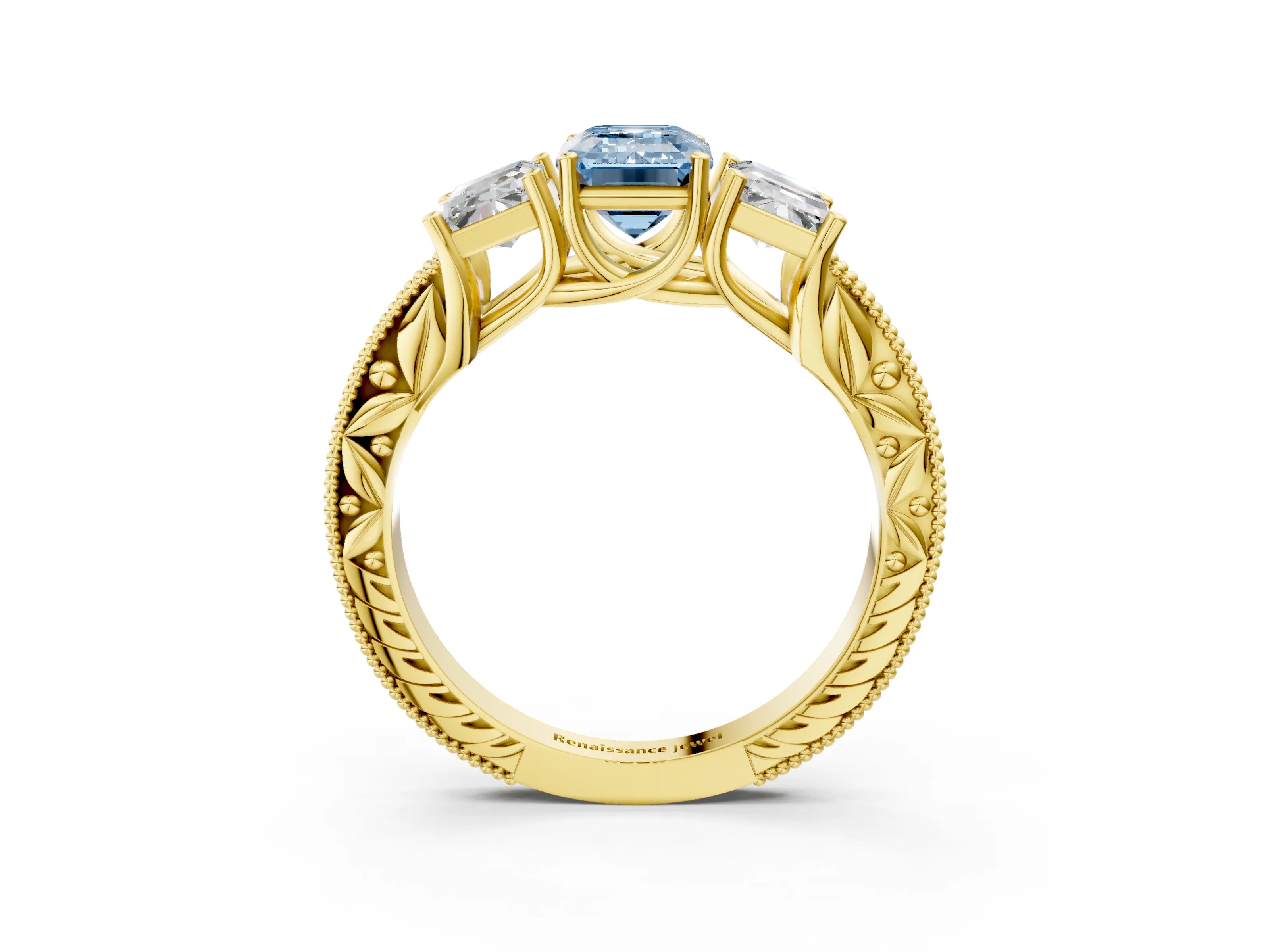 Yellow gold Three-Stone Fancy Blue Emerald Cut Cut Milgrain Pavé Engagement Ring_3