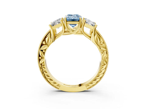 Yellow gold Three-Stone Fancy Blue Emerald Cut Cut Milgrain Pavé Engagement Ring_3