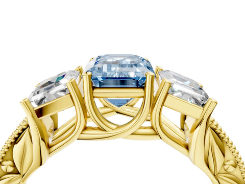 Yellow gold Three-Stone Fancy Blue Emerald Cut Cut Milgrain Pavé Engagement Ring_4