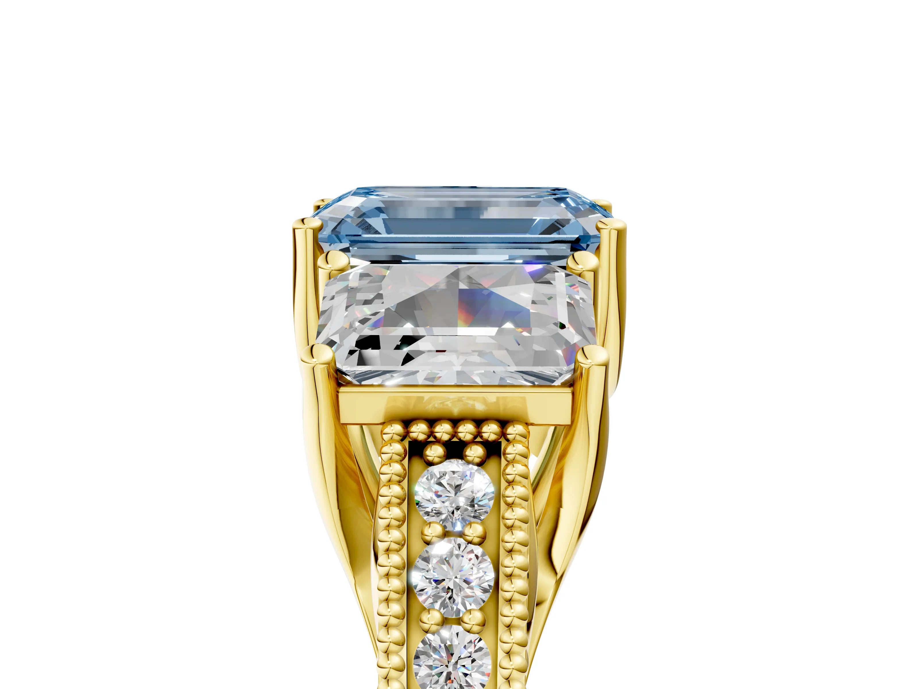 Yellow gold Three-Stone Fancy Blue Emerald Cut Cut Milgrain Pavé Engagement Ring_5