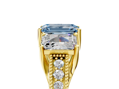 Yellow gold Three-Stone Fancy Blue Emerald Cut Cut Milgrain Pavé Engagement Ring_5