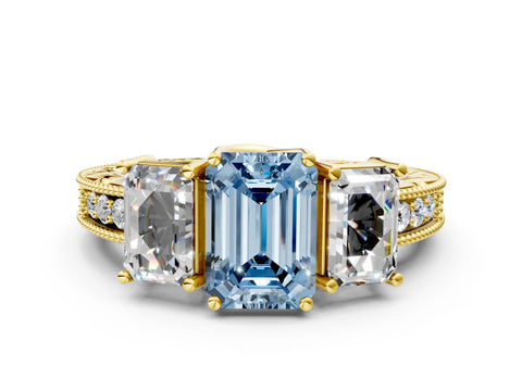 Yellow gold Three-Stone Fancy Blue Emerald Cut Cut Milgrain Pavé Engagement Ring