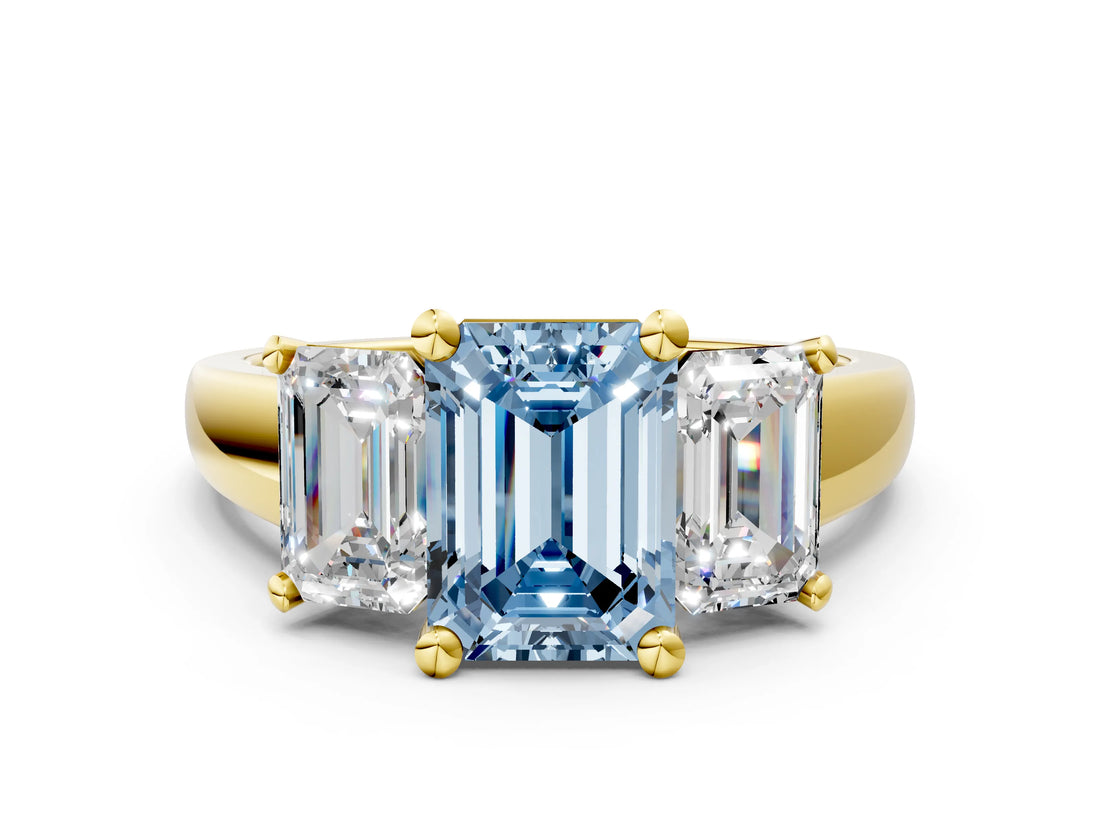 Yellow gold Three-Stone Fancy Blue Emerald Cut Cut Solitaire Ring with Classic Prong Setting