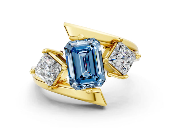 Yellow gold Three-Stone Fancy Blue Emerald Cut Cut Tension Band Ring with Four-Prong Setting