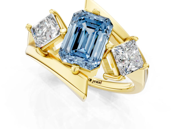 Yellow gold Three-Stone Fancy Blue Emerald Cut Cut Tension Band Ring with Four-Prong Setting